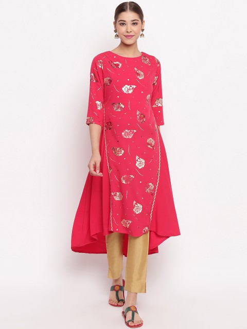

Janasya Women Pink & Gold Floral Print A-Line Kurta