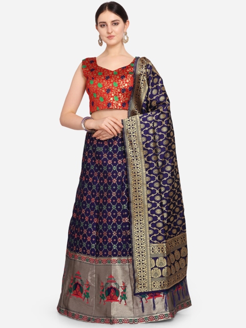 

VRSALES Women Navy Blue & Red Semi-Stitched Lehenga & Unstiched Blouse with Dupatta