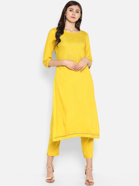 

Janasya Women Yellow & Gold-Toned Solid Kurta with Trousers