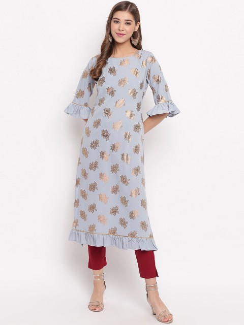 

Janasya Women Blue & Gold Foil Print Straight Kurta