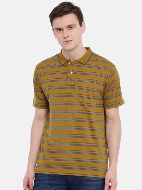 

Classic Polo Men Mustard Yellow & Blue Striped Polo Collar T-shirt