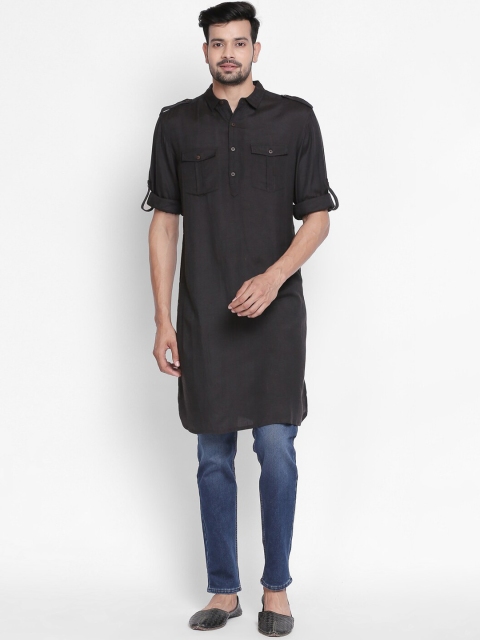 

indus route by Pantaloons Men Charcoal Grey Solid Straight Kurta