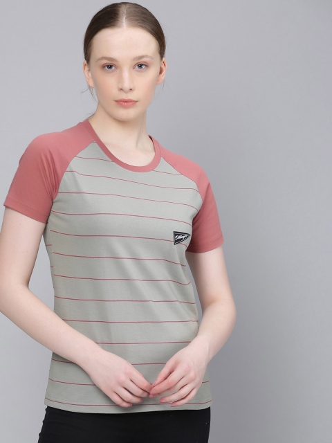 

DILLINGER Women Peach-Coloured Grey Striped Round Neck Pure Cotton T-shirt