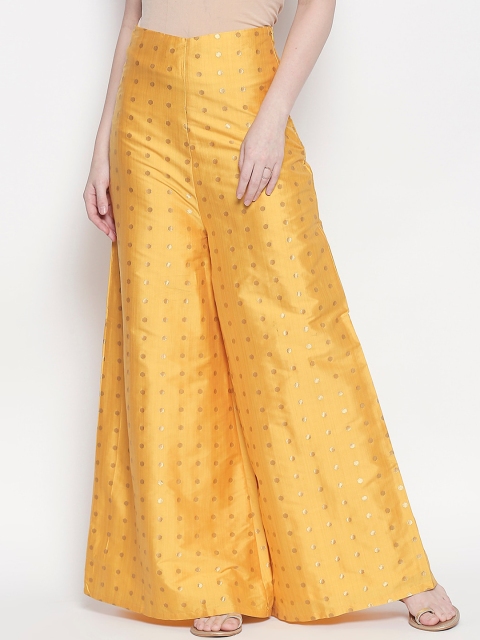 

Desi Weavess Women Yellow & Gold-Toned Self Design Flared Palazzos