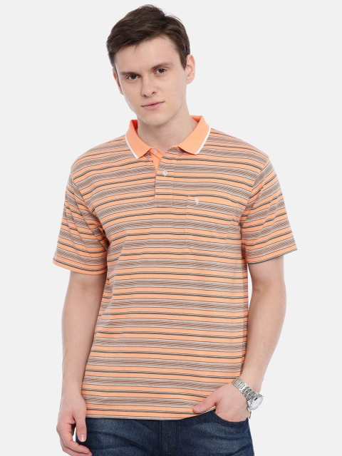 

Classic Polo Men Peach-Coloured & Blue Striped Polo Collar T-shirt