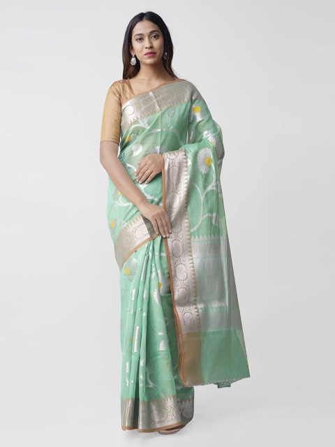 

Unnati Silks Green Silk Cotton Woven Design Banarasi Saree