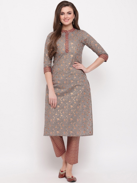 

Vbuyz Women Grey & Brown Printed Kurti with Trousers