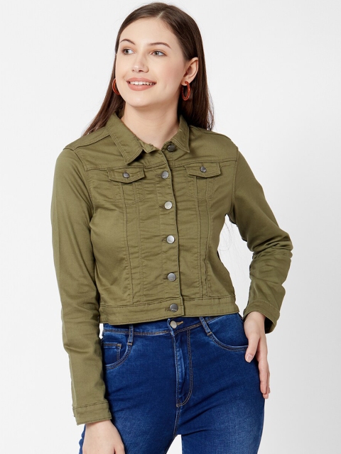 

Kraus Jeans Women Olive Green Solid Crop Denim Jacket