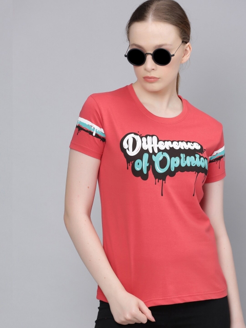 

Difference of Opinion Women Red Black Printed Round Neck Pure Cotton T-shirt