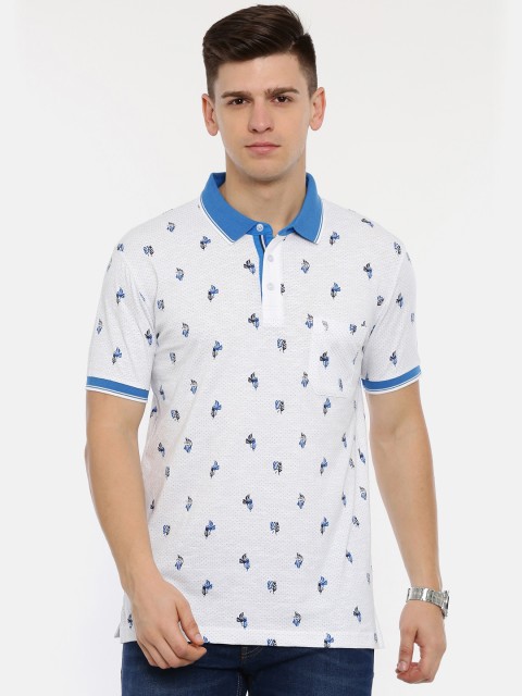 

Classic Polo Men White & Navy Blue Tropical Print Polo Collar T-shirt