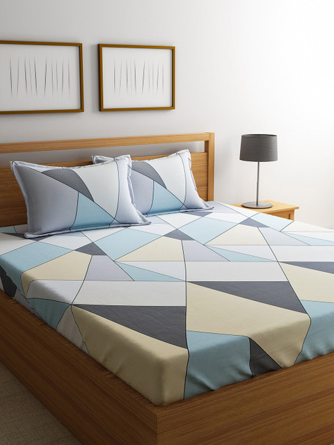 

RAGO Blue & Beige Geometric 210 TC Cotton 1 Queen Bedsheet with 2 Pillow Covers