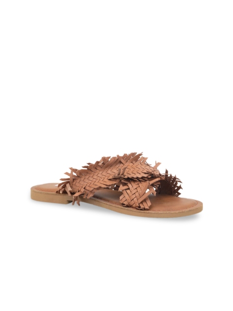 

London Rag Women Tan Woven Design Leather Open Toe Flats