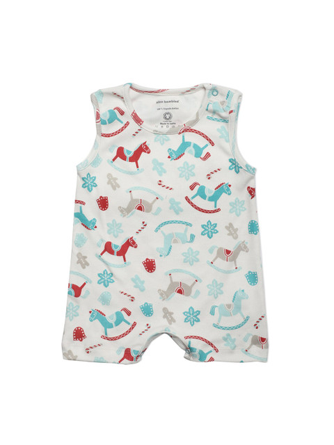 

Nino Bambino Infant Unisex Kids White & Turquoise Blue Printed Pure Organic Cotton Character Face Romper