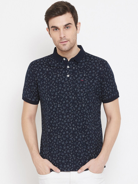 

Crimsoune Club Men Navy Blue & White Floral Print Polo Collar T-shirt