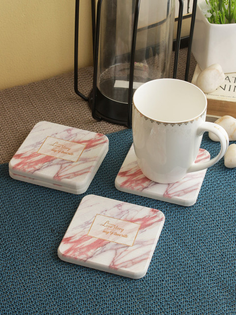 

Cortina Set Of 4 White & Pink Printed Wooden Coasters