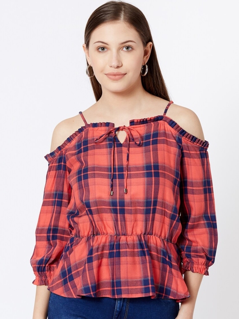 

Kraus Jeans Women Coral Red & Blue Checked Bardot Top