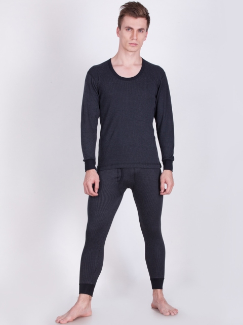 

Dollar Ultra Men Charcoal Grey Striped Thermal Set, Black