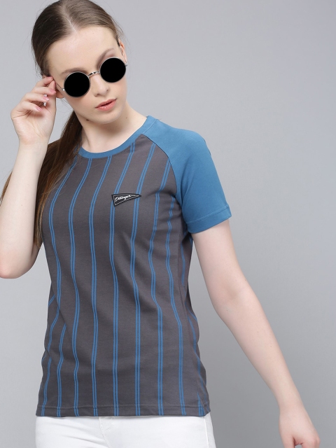 

DILLINGER Women Grey & Blue Striped Round Neck T-shirt