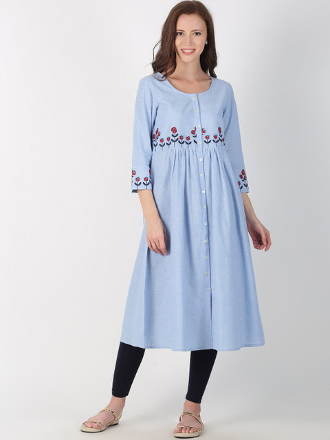 

Saffron Threads Women Blue & Red Embroidered A-Line Kurta