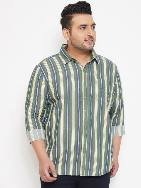 

Instafab Plus Size Men Olive Green & Cream-Coloured Regular Fit Striped Casual Shirt