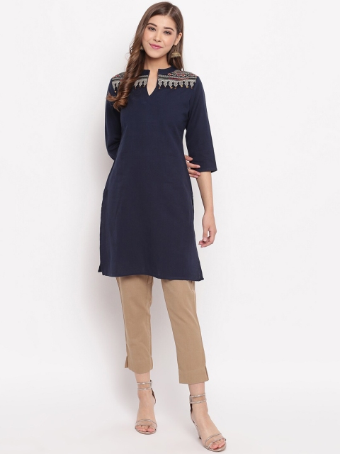 

Janasya Women Navy Blue Yoke Design Straight Kurta