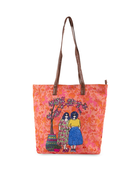 

Chumbak Pink & Yellow Self Design Tote Bag
