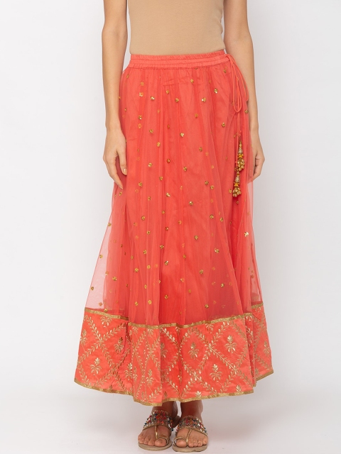 

Globus Women Coral-Coloured Embellished Flared Maxi Skirt