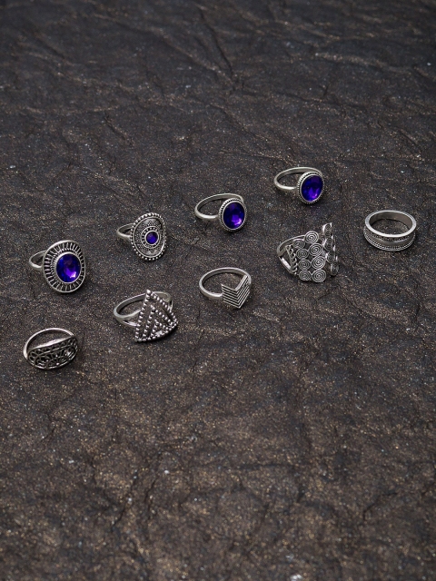 

Golden Peacock Set Of 9 Oxidised Silver-Plated Finger Rings