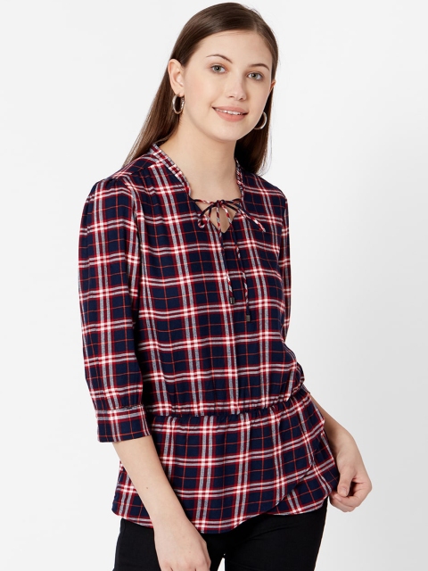 

Kraus Jeans Women Navy Blue & Red Checked Cinched Waist Top