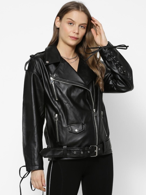 

FOREVER 21 Women Black Solid Leather Jacket