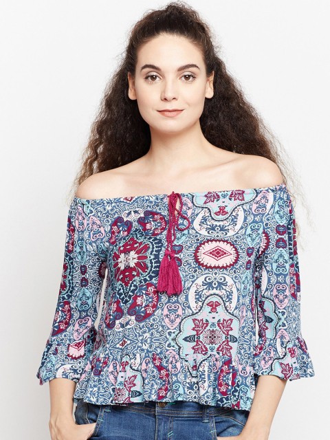 

Oxolloxo Women Blue & Red Printed Drawn Windy Chantelle Bardot Top