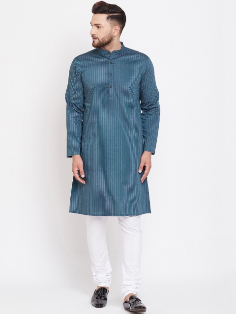 

even Men Teal Blue Striped Straight Kurta