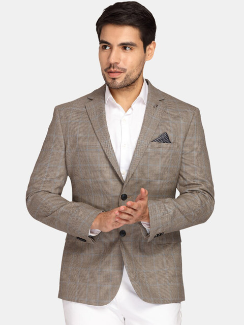 

Theme Men Khaki Checked Single-Breasted Pure Wool Casual Blazer