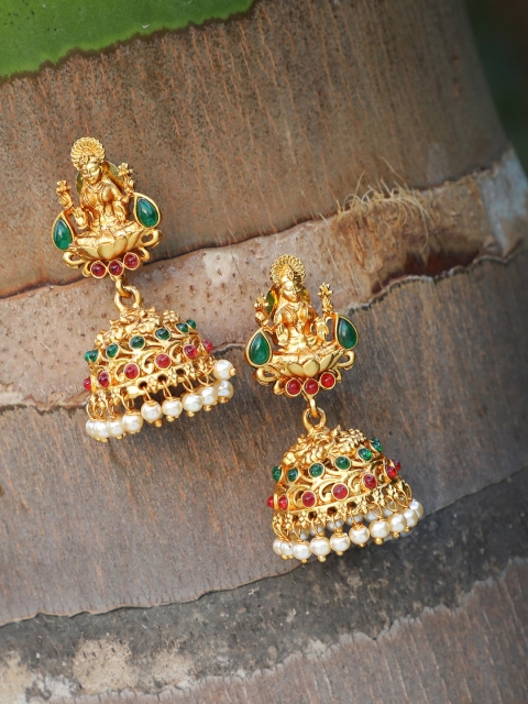 

Adwitiya Collection 24CT Gold-Plated & Green Handcrafted Dome Shaped Jhumkas
