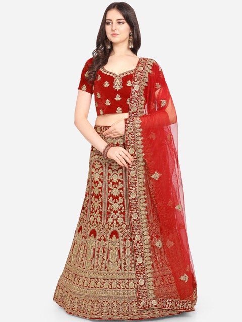 

VRSALES Red & Gold-Toned Embroidered Semi-Stitched Lehenga & Unstitched Blouse with Dupatta