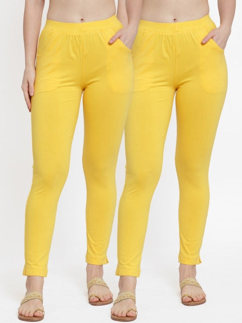 

TAG 7 Women Pack Of 2 Yellow Solid Ankle-Length Straight-Fit Leggings