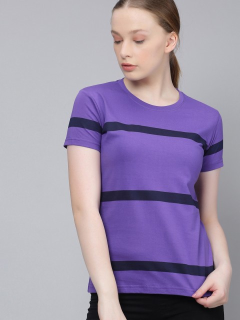 

DILLINGER Women Purple Black Striped Round Neck Pure Cotton T-shirt
