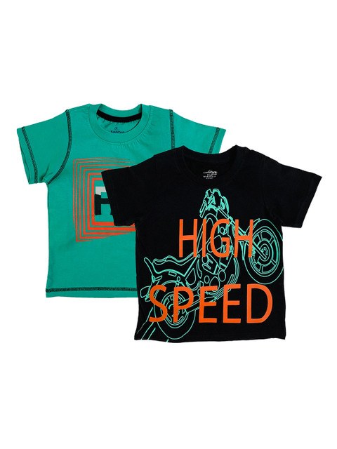 

KiddoPanti Boys Black Teal Green Pack of 2 Printed Round Neck Pure Cotton T-shirts
