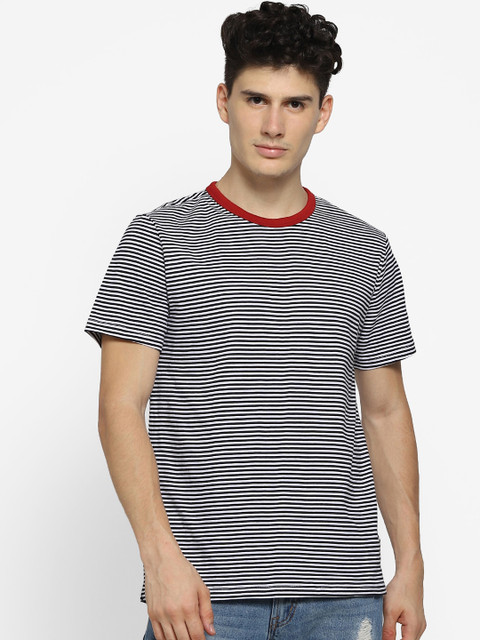 

FOREVER 21 Men White & Black Striped Round Neck T-shirt