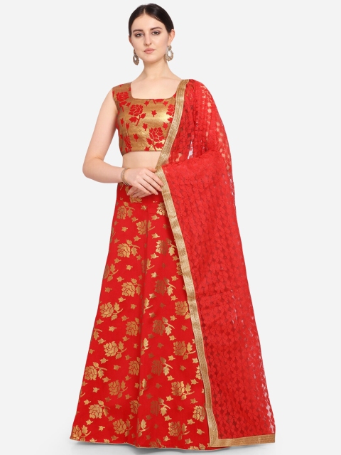 

VRSALES Red & Gold-Toned Woven Design Semi-Stitched Lehenga & Unstitched Blouse with Dupatta