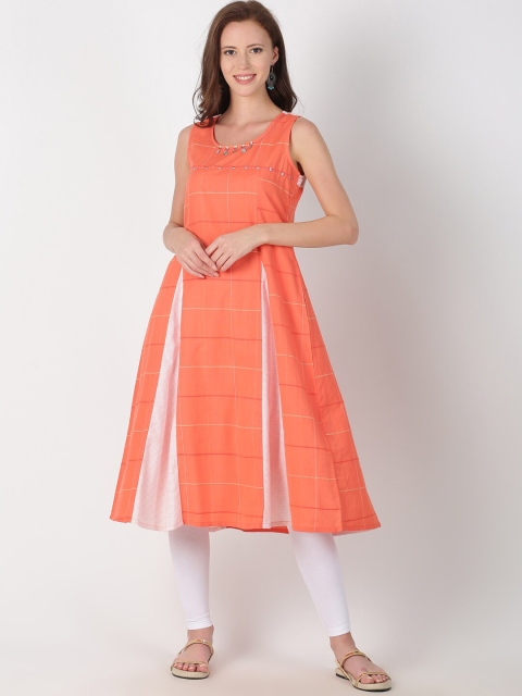Saffron Threads Women Coral Checked A-Line Kurta