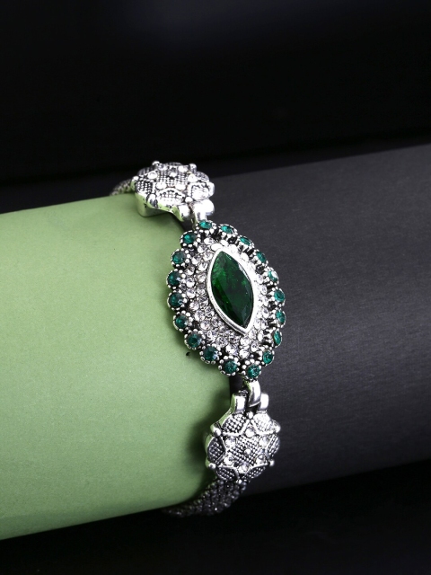 

Yellow Chimes Silver Oxidised-Plated Emerald Studded Bracelet