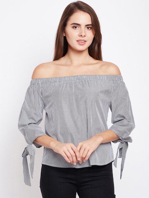 

Oxolloxo Women Black & White Striped Bardot Pure Cotton Top with Tie Up Detail