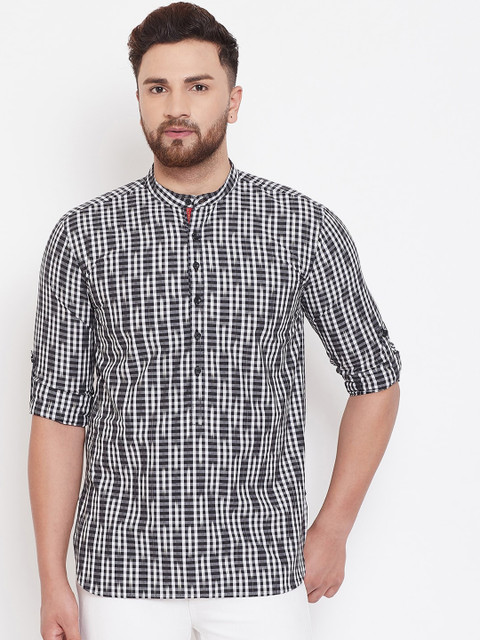 

even Men White & Black Checked Fusion Straight Kurta