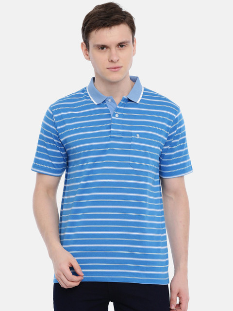 

Classic Polo Men Blue & White Striped Polo Collar T-shirt