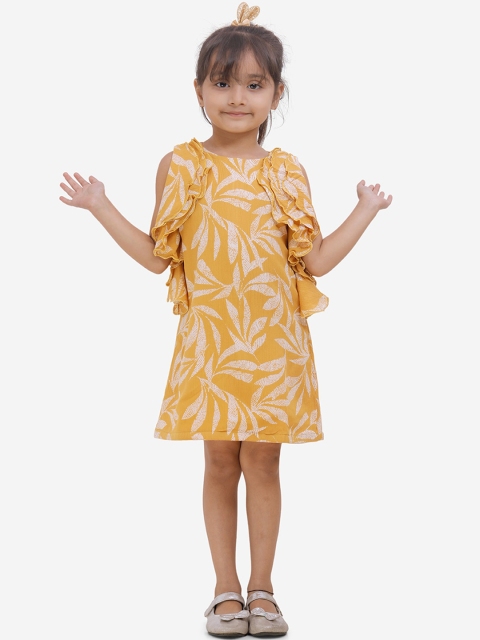 

Fairies Forever Girls Mustard Yellow & White Floral Print A-Line Dress with Ruffles Detail