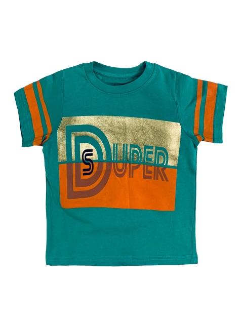 

KiddoPanti Boys Teal Green & Orange Colourblocked SUPER DUPER Round Neck T-shirt