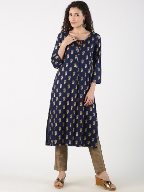 

Saffron Threads Women Navy Blue & Gold-Toned Printed Straight Kurta