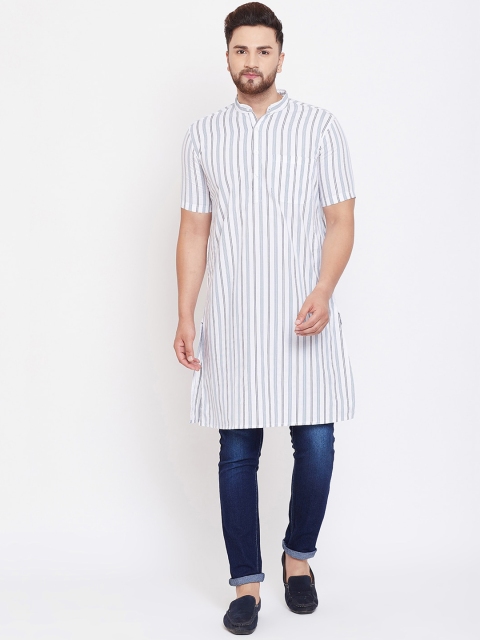 

even Men White & Blue Striped Pathani Kurta