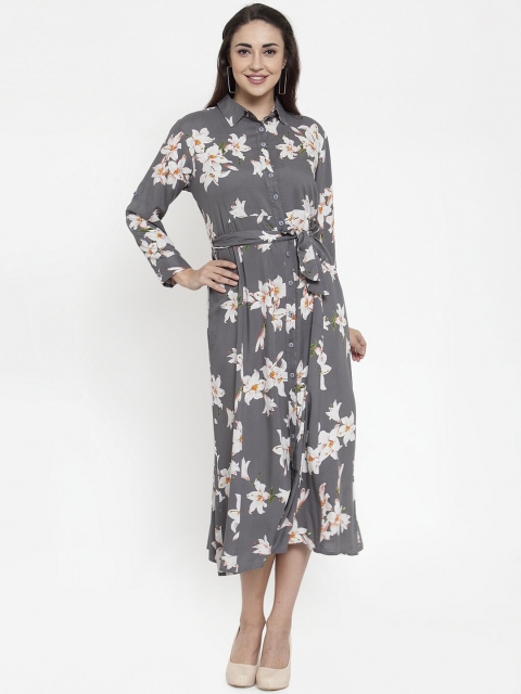 Baani Creations Women Grey & White Floral Print Shirt Dress